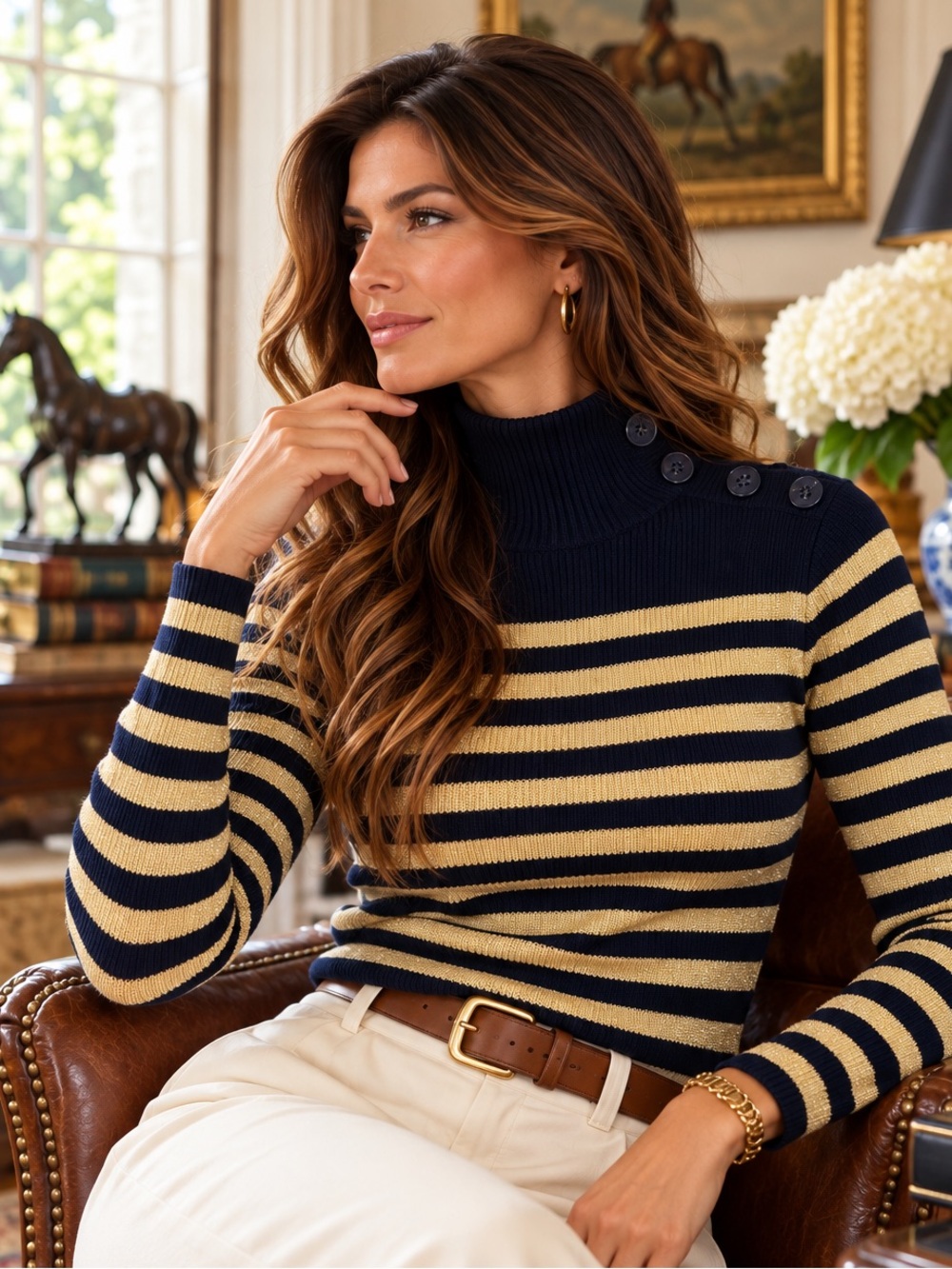 Lauren Ralph Lauren Petite S Navy Gold Metallic Stripe Mock Neck Sweater Cotton